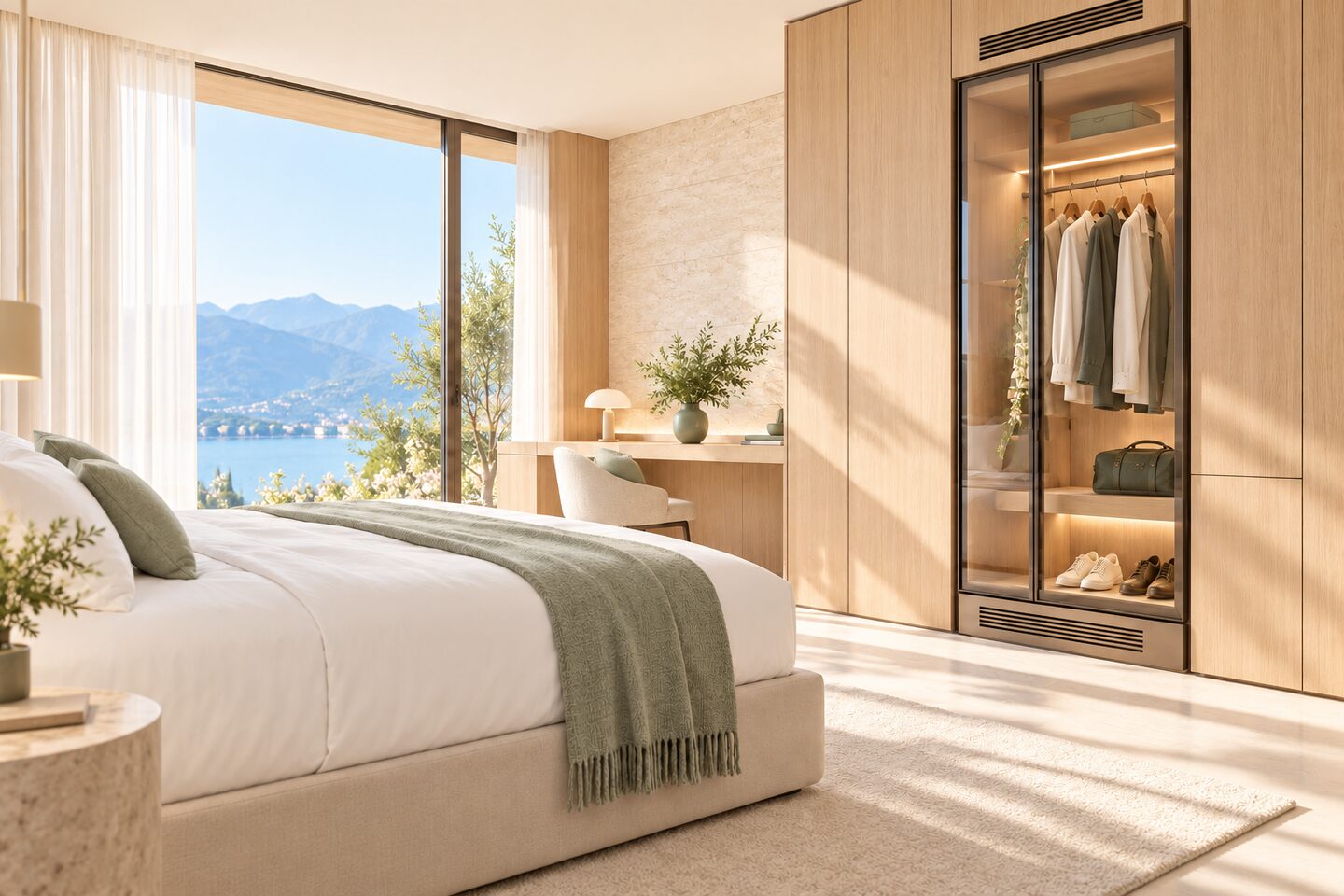 Concept: guardaroba attivo integrato in una camera d’hotel luminosa