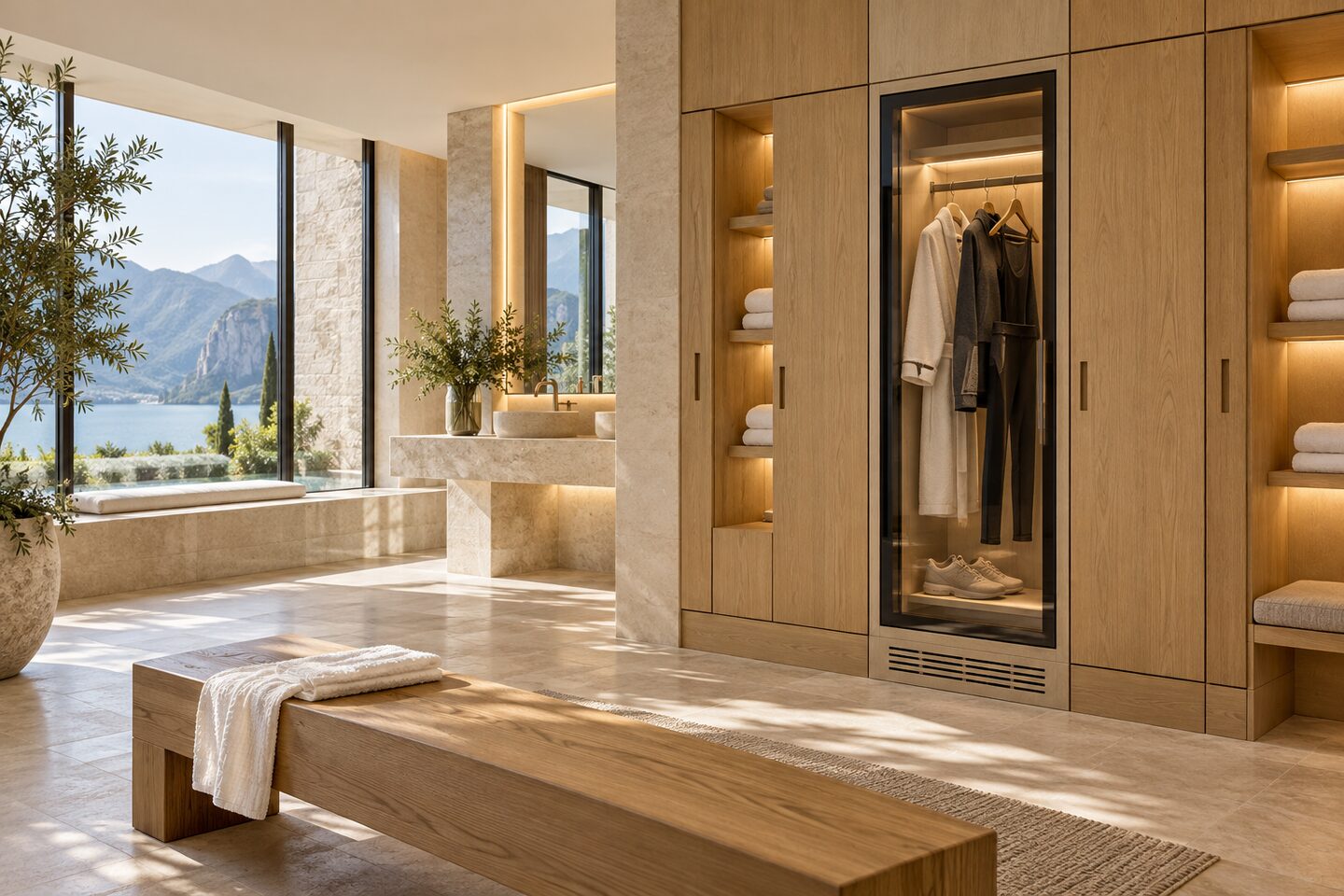 Concept: vano integrato nell’arredo di uno spogliatoio wellness luminoso