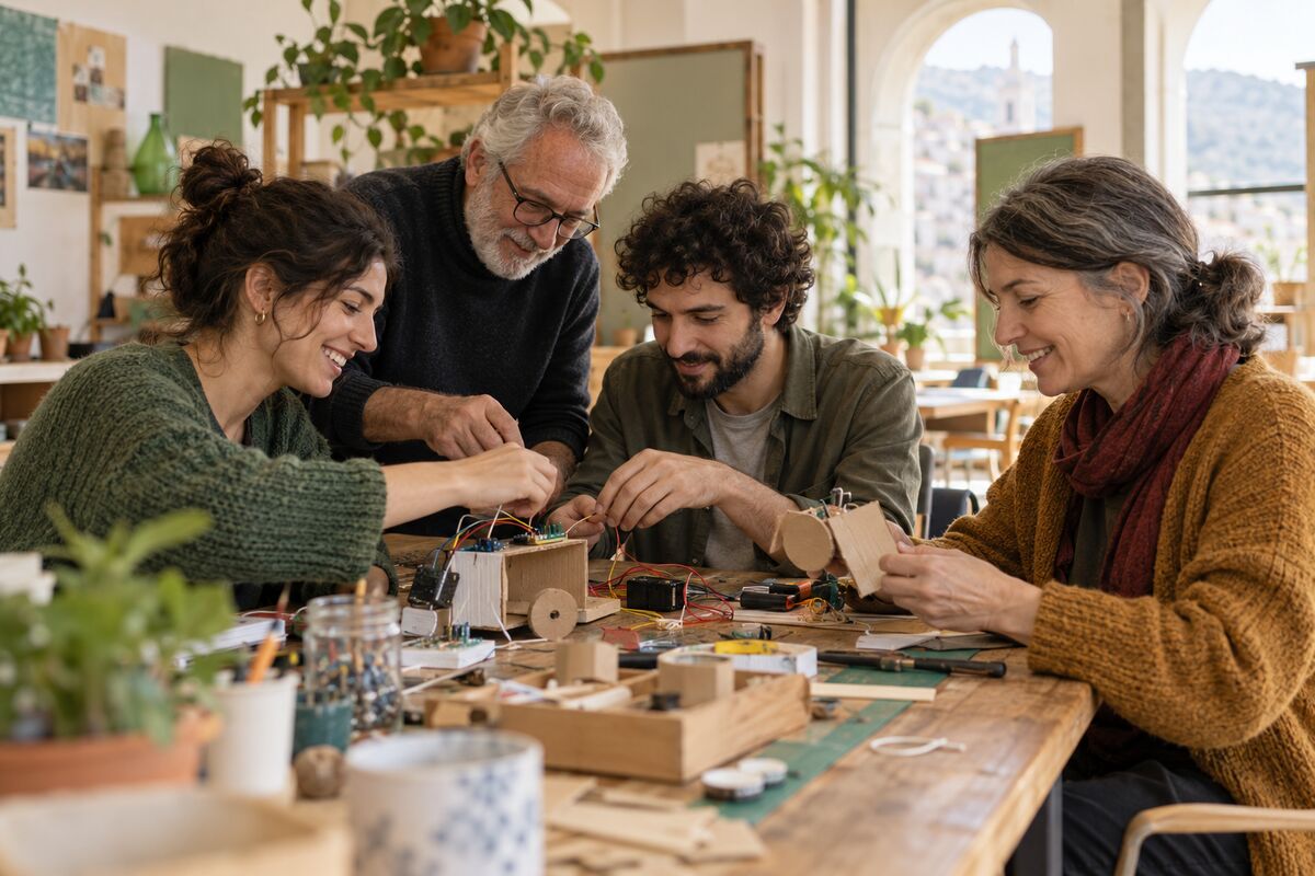 Immagine illustrativa: persone di generazioni diverse collaborano in un laboratorio creativo