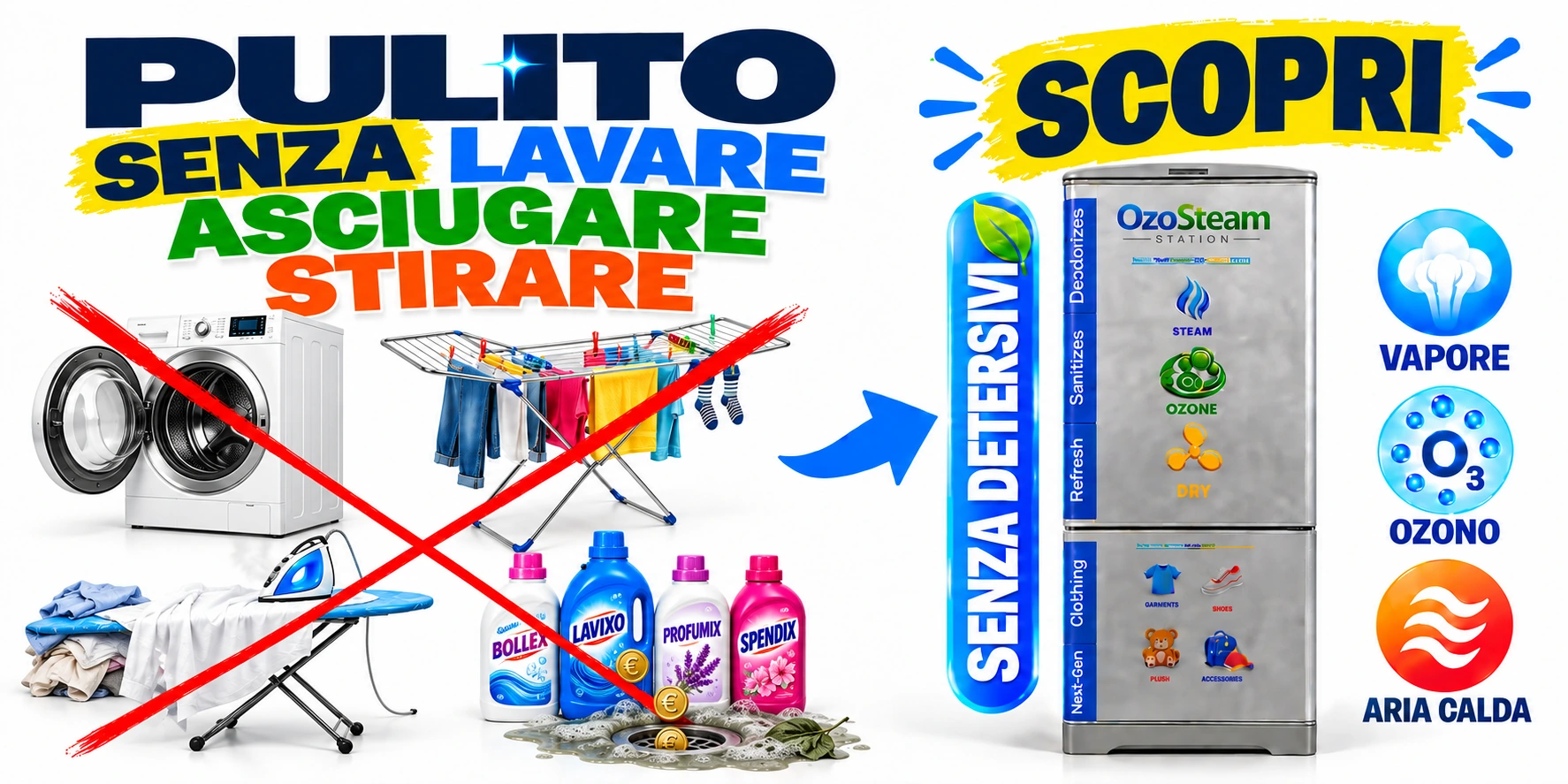 OzoSteam Station: pulito senza lavare, asciugare e stirare, senza detersivi. Vapore, ozono e aria calda.